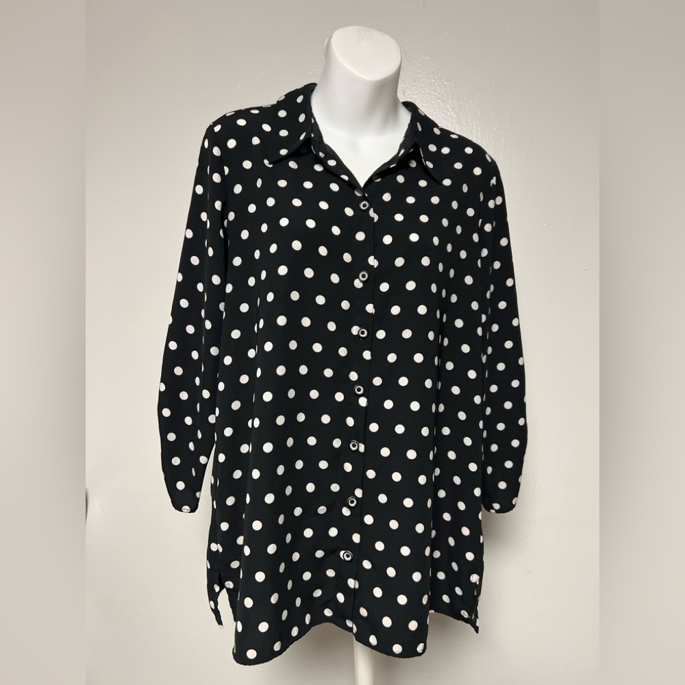 Susan Graver Women White Black Polka Dot Button-Up Blouse Size Medium 3/4 Sleeve